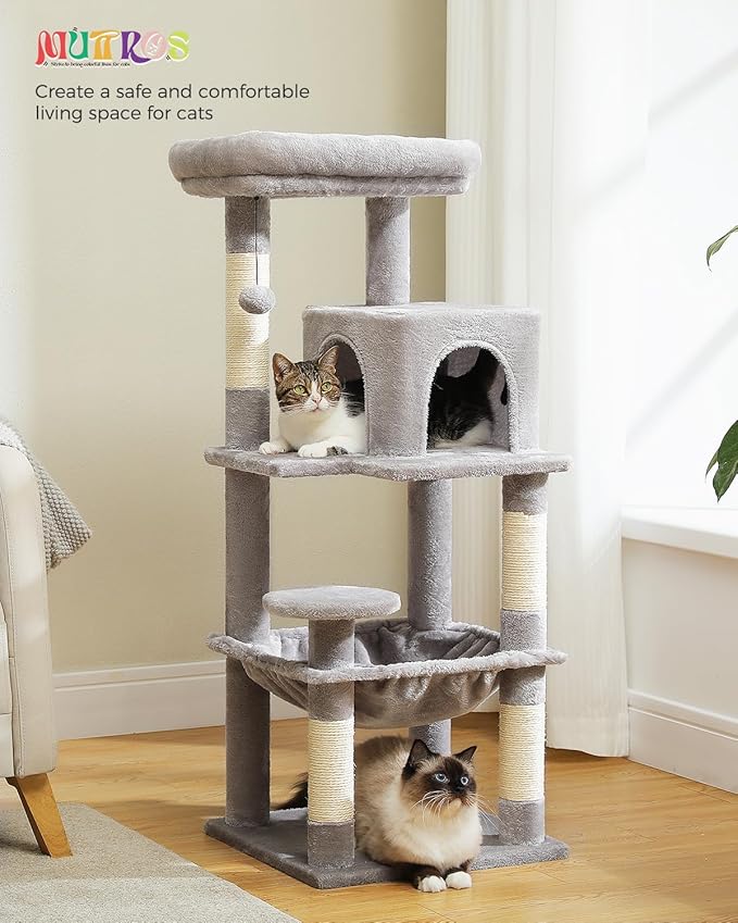 Cat Tree for Indoor Cats, 45.7" Multi-Level Cat Tower with Large Metal Frame Hammock, Cat Condo with 4 Scratching Posts and Top Perch for Small Medium Kitty, Grey