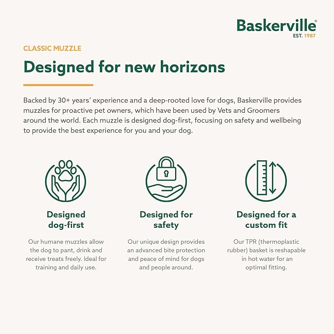 Baskerville Classic Basket Muzzle - Dog can Pant and Drink, Prevents Biting and Food Waste Scavenging, Strong TPR, Breathable Dog Training Muzzle for Long Nosed Medium to Large Dogs (Size 8)