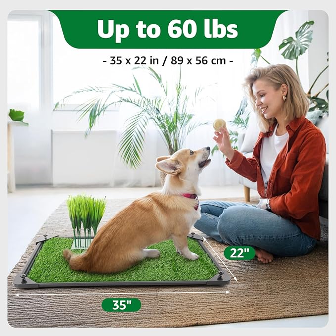 Dog Grass Pad with Tray - 35''x23'' Dog Litter Box Indoor Outdoor Full Potty System, Artificial Grass Patch Mat and Washable Pee Pad for Puppy Training - Pet Toilet for Balcony Patio