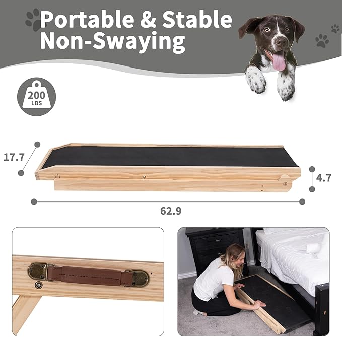 ABORON Folding Wooden Extra Long Dog Ramp, Non-Slip Rubber Mat, 63" Long for High Bed/Couch/Car, 5 Levels Adjustable Pet Ramp, 17.7'' Wide, Supports Small & Large Senior Dogs & Cats up to 200 lbs