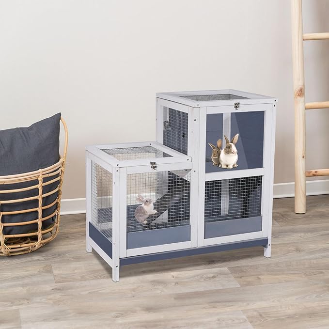 2-Story Guinea Pig Cages Wooden Indoor Rabbit Hutch Hamster Cage with Openable Roofs, Removable Tray and Wide Ramp, Small Animal Habitats for Hamsters, Guinea Pig, Ferrets, Hedgehog