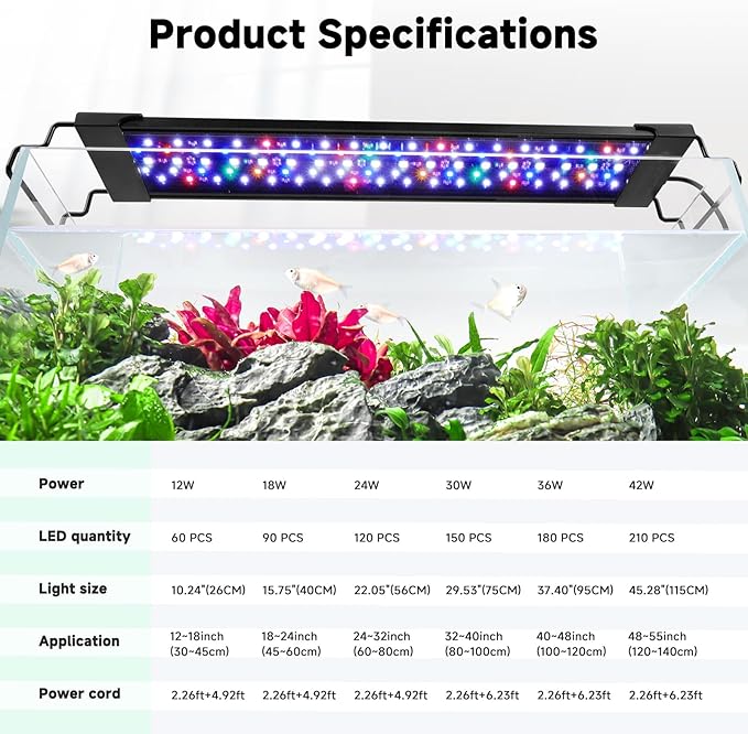 AQQA LED Aquarium Light, 24/7 Mode IP68 Waterproof Extendable Bracket Fish Tank Light, DIY Mode Full Spectrum Aquarium Plant Light, Adjustable Timer/Brightness Memory Function for 24-32 Inch Fish Tank