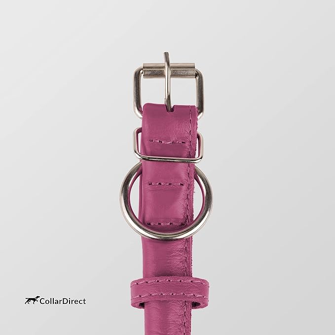 CollarDirect Rolled Leather Dog Collar, Soft Padded Round Puppy Collar, Handmade Genuine Leather Collar Dog Small Large Cat Collars 13 Colors (6-7 Inch, Pink Textured)