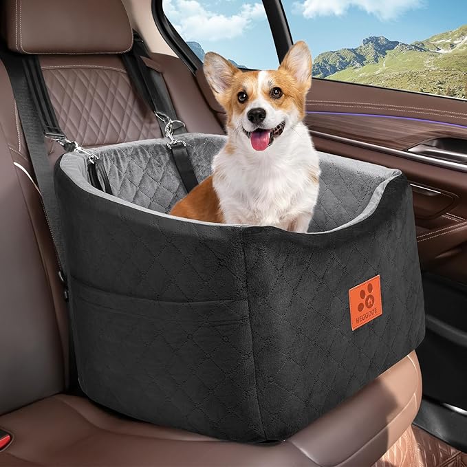 Dog Car Seat for Small Medium Dogs, Memory Foam Booster Car Seat for Dogs up to 35 lbs, Elevated Pet Car Seat with Washable Removable Cover and Storage Pockets (Black/Gray)