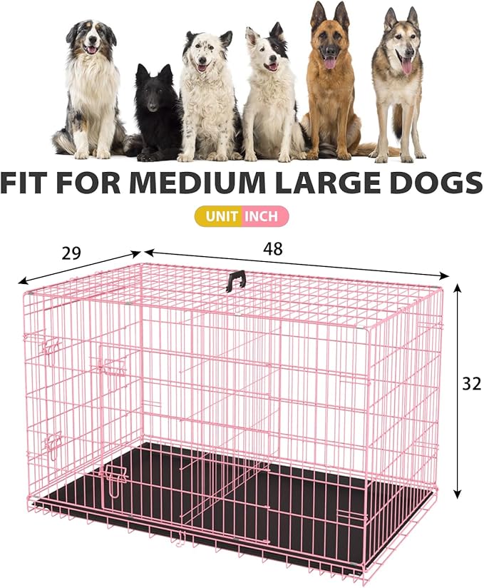 BestPet | Dog Crate | 48" | Pink | Foldable Metal Kennel with Double Doors, Secure Slide-Bolt Latches, Leakproof Tray | Portable Dog Cage for Large Breeds | for Travel, Indoor & Outdoor Use