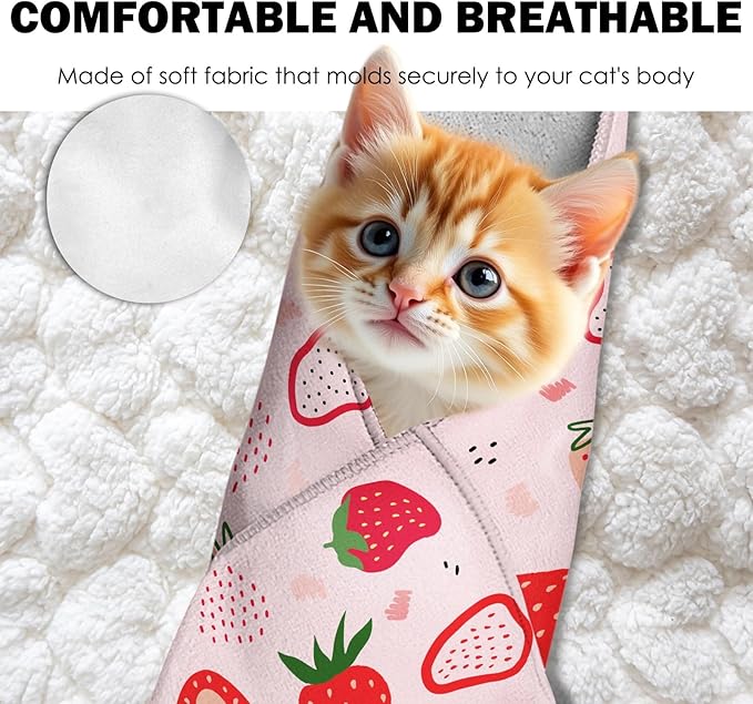 27.6" Cat Grooming Wrap, Self Adhesive Cat Wrap for Cutting Nails, Anti-Escape Calming Cat Swaddle Wrap for Medicine Ear Cleaning, Strawberry Anti-Scratch Cats Burrito Restraint Blanket, Pet Tool