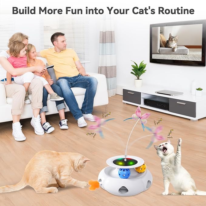3in1 Interactive Cat Toys Moving Ambush Feather, Spinning Butterfly, Track Balls, Rechargeable Automatic Activated Kitten Toys for Indoor Cats, Cat Feather Toy for All Breeds