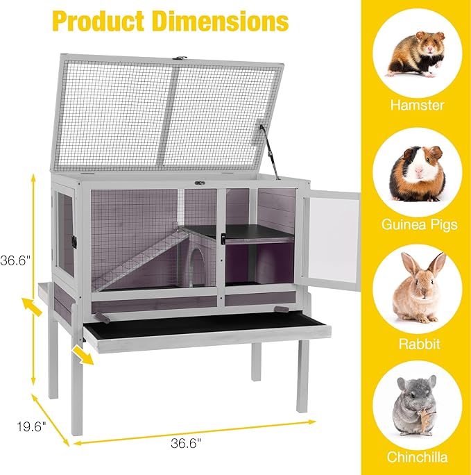 AIVITUVIN Wooden Guinea Pig Cage Indoor with Cooling Plate and Anti-Chewing Edges Two-Story Rabbit Hutch Pull Out Tray Outdoor Rabbit Cage with Raised Stand and Wire Mesh Small Animals Cage (Grey)