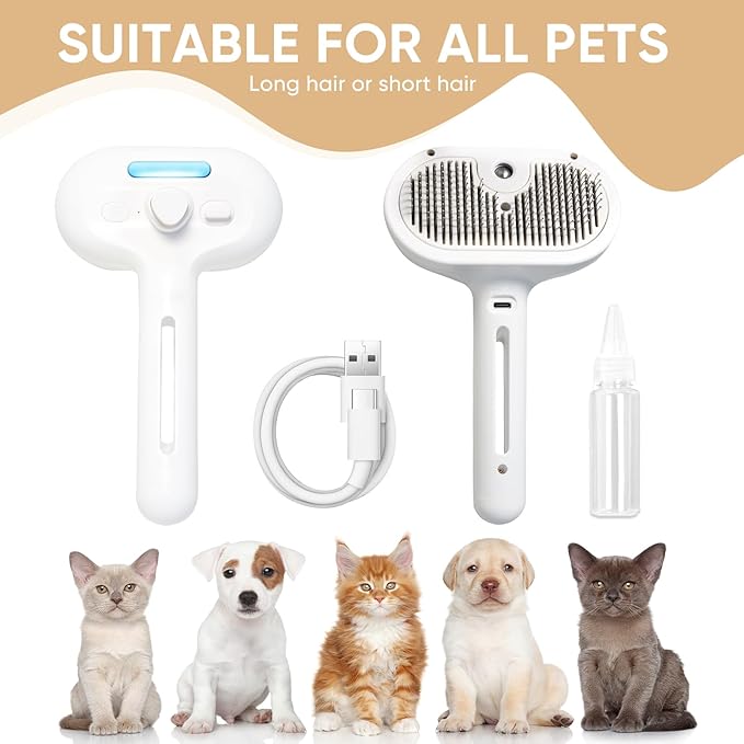 3-in-1 Cat Steam Brush – Pet Grooming & Shedding Comb with Gentle Steam Spray, One-Click Hair Release, for Long & Short Hair Cats & Dogs (White)