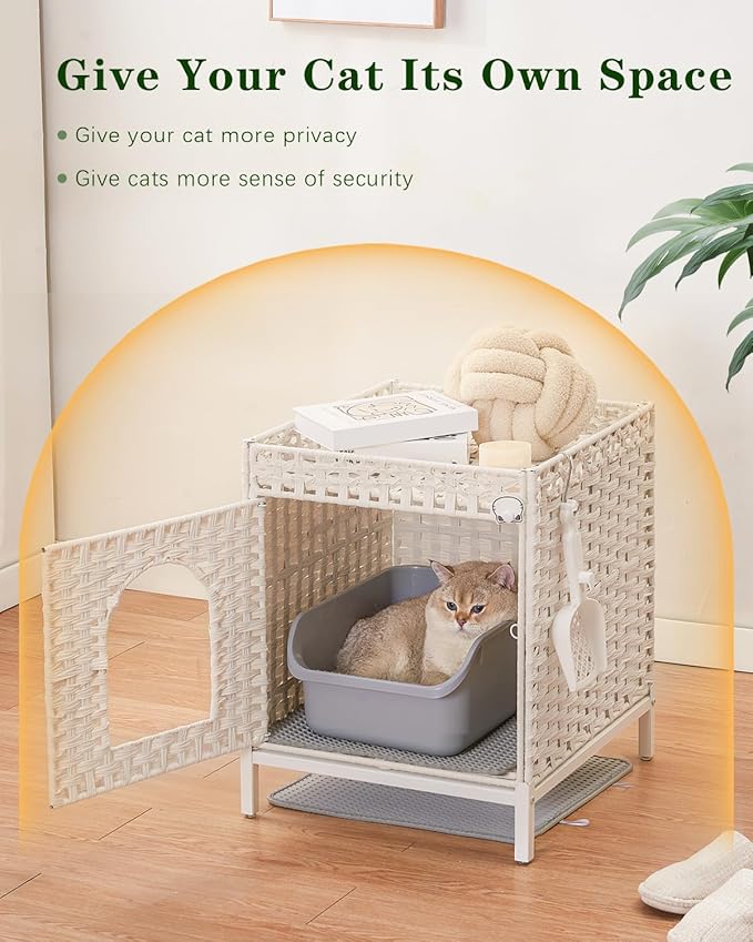 Cat Litter Box Enclosure Hidden Litter Box Furniture with Metal Heightened Feet, Rattan Handwoven Cat House with Litter Mat, Hidden Litter Box Furniture for Bedroom Living Room White