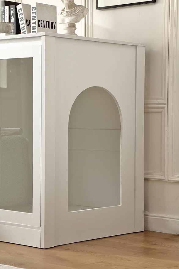 Cat Litter Robot Enclosure with Cat-Observant Glass Doors,Litter Robot Cabinet with Cozy LED for Cats,Reversible and Optional Entry(Left or Right),Power Outlet for More Choice, (White)