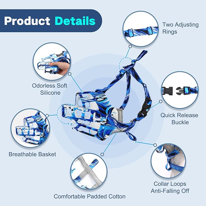Basket Muzzle to Prevent Biting, Dog Muzzle for Large Medium Small Dogs Allows Panting Drinking Anti Chewing, Perfect for Grooming Trimming Training and Aggressive Reactive Dogs (Blue, Size 1)