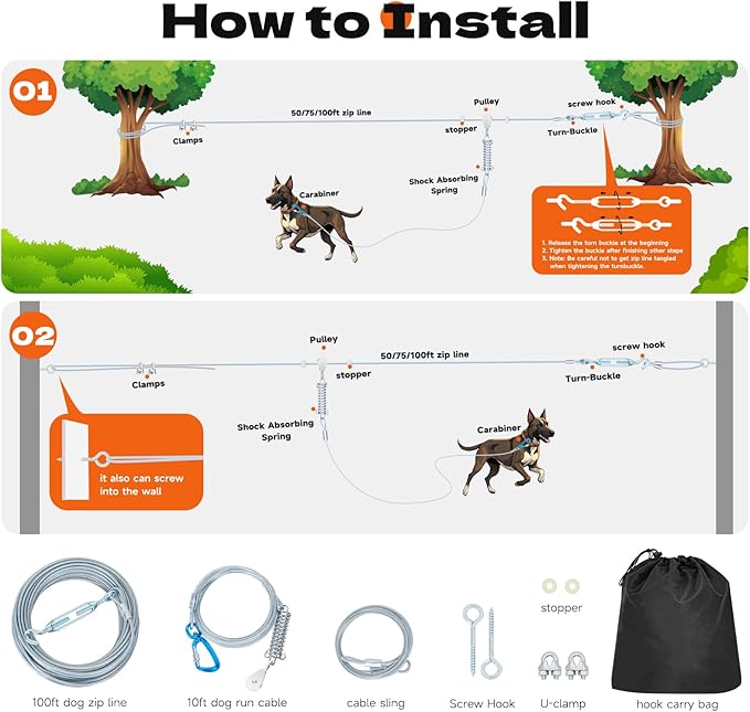50ft Dog Runner for Yard Large Dog Heavy Duty with Double Shock Absorbers Tangle-Free Aerial Trolley System for Large Dogs Up to 250lbs(Orange)