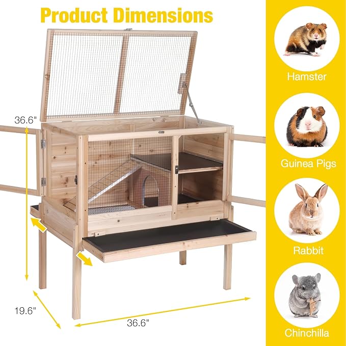 AIVITUVIN Wooden Guinea Pig Cage Indoor with Cooling Plate and Anti-Chewing Edges Two-Story Rabbit Hutch Pull Out Tray Outdoor Rabbit Cage with Raised Stand and Wire Mesh Small Animals Cage (Nature