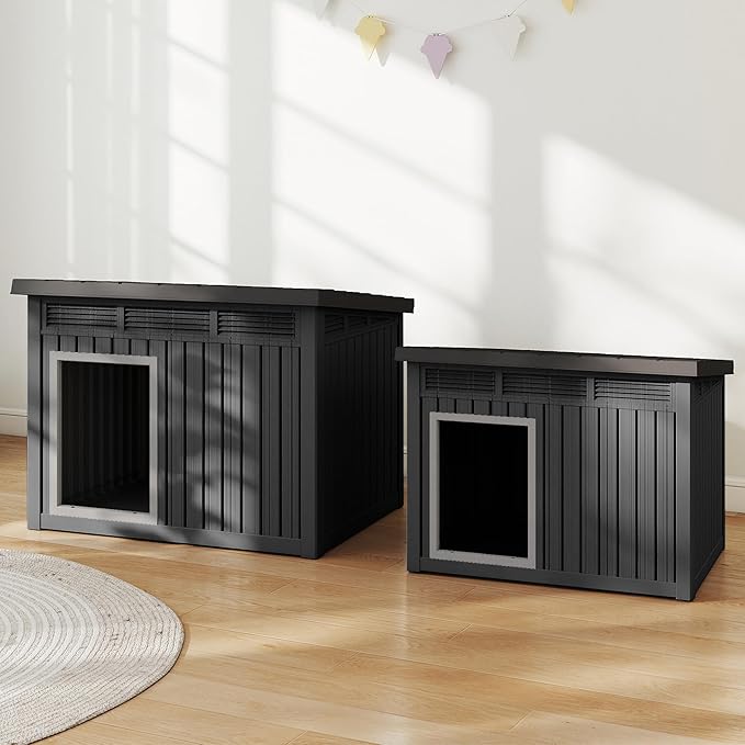 Dog House Indoor Outdoor,Resin Waterproof Puppy Shelter with Air Vents and Elevated Floor,Air Rod on Top to Open,Dog Kennel for Small to Large Dogs(Black,42.87 * 32.95 * 31.61)
