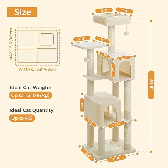 Cat Tree for Indoor Cats, Multi-Level Cat Tower with Sisal Scratching Posts, Padded Platform, Multi-Level Cat Condo w/Soft Bed & Scratching Pad, 2 Pompoms, Sturdy Base, Beige