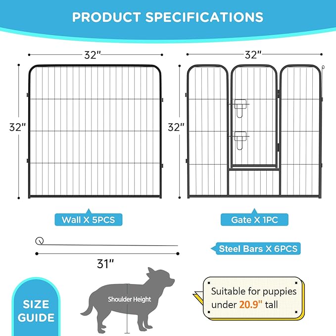 BestPet | Dog Playpen | 32 Inch, 6 Panels | Heavy Duty Metal Pet Exercise Pen | Indoor Outdoor Fence Panels | Rust-Resistant, Removable, Tool-Free Setup | Anti-Skid, Expandable Design
