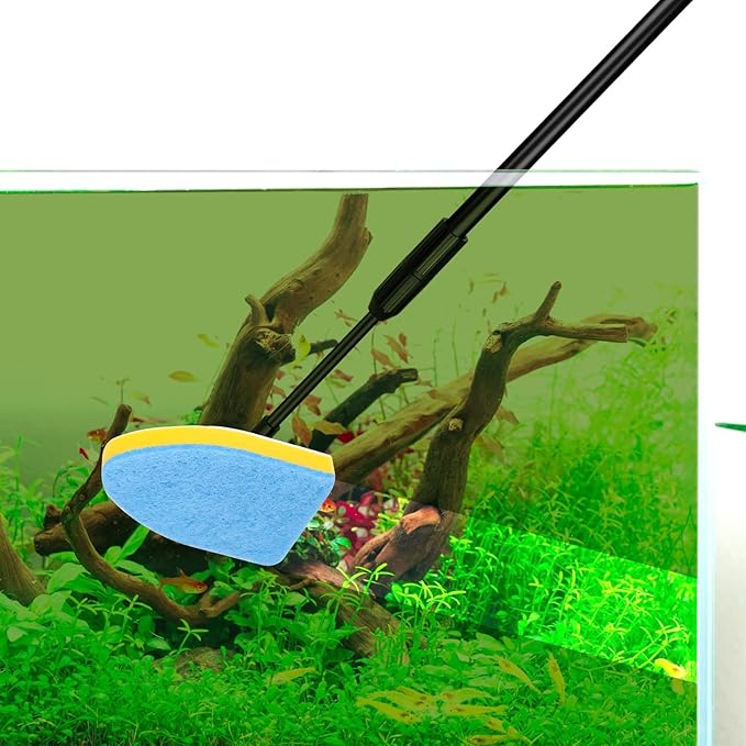AQQA Aquarium Cleaning Tools Multifunctional 6-in-1 Fish Tank Cleaning Kits with Telesopic Handle Alage Scraper Sponge Scrubber Stiff Brush Plant Fork Gravel Rake Fish Net