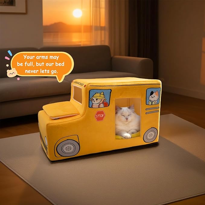 Cute Cat Beds Kitten Beds, Soft Small Dog Beds, Washable Pet Beds for Puppy and Kitty, Funny School Bus Cat Cave, 23 Inches