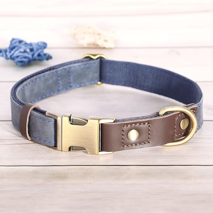 Didog Soft PU Leather Dog Collars for Medium Dogs,Classic Adjustable Dog Collars with Quick Release Metal Buckle,Easy Clean and Comfortable with Nylon Lining,Blue,M Neck 13-19"