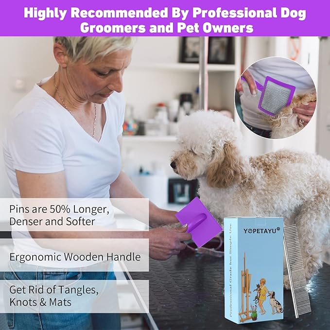 Dog Slicker Brush for Shedding and Grooming Medium or Long Haired Cats, Extra Long & Soft Pin Slicker Brush for Removes Loose Hair, Tangles, Knots, Undercoat, Free Pet Comb, Large Purple