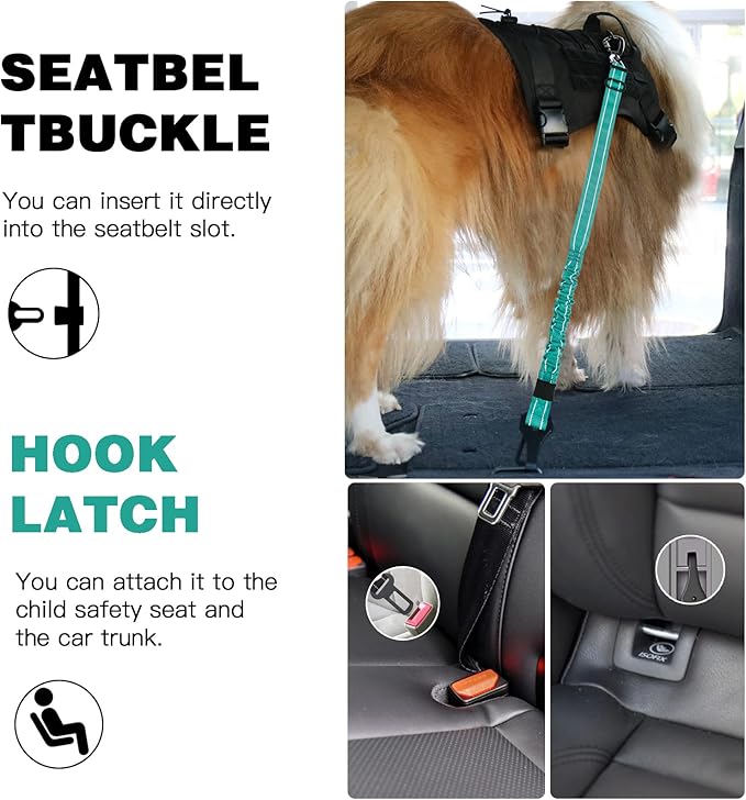 AUBELL Dog Seat Belt for Car,2 Pack Set 3-in-1 Adjustable Reflective Bungee Heavy Duty Dog Car Harness Tether with Clip Hook Latch & Buckle,Swivel Zinc Alloy Carabiner,Black+Teal
