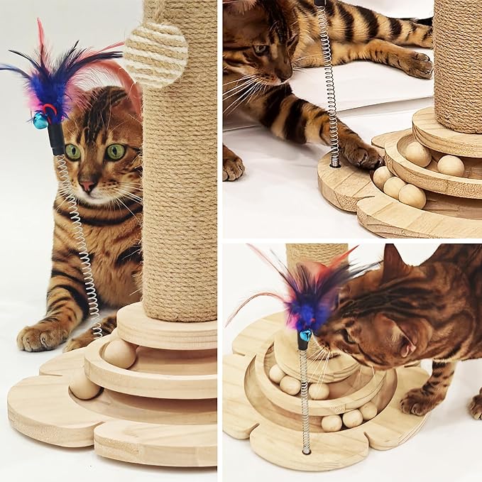 Cat Scratching Post, Cat Scratcher Toy for Indoor Cats, 17.3" Tall Scratch Post with 2-Layer Ball Tracks, Interactive Feather Toy and Sisal Hanging Ball, Banana Tree Cat Tower for Kittens