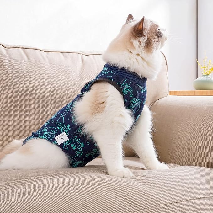 Cat Surgery Recovery Suit Cat Onesie for Cats After Surgery for Surgical Abdominal Wound Or Skin Diseases E-Collar Alternative Wear Neutering Bodysuit Wear (Dark-Blue-S)
