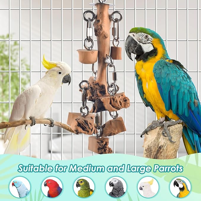 Bird Toys for Parrots, Durable Wooden Large Birds Toy with Stainless Steel, Hanging Natural Chew Hardwood Blocks for Macaws, African Greys, Amazon Parrot, Cockatoos and Small Medium Parakeets