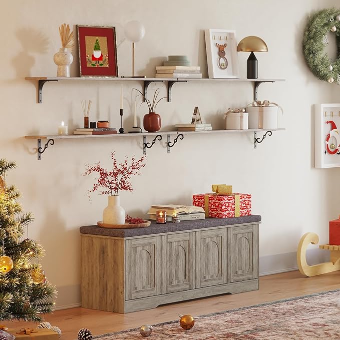 DINZI LVJ Shoe Bench, Entryway Storage Bench with Doors, Cushion, 2-Tier Shoe Rack with 8-Cubby, 47.2”L x 13.8”W Shoe Organizer Cabinet, Adjustable Shelf, Living Room, Bedroom, Gray Wash