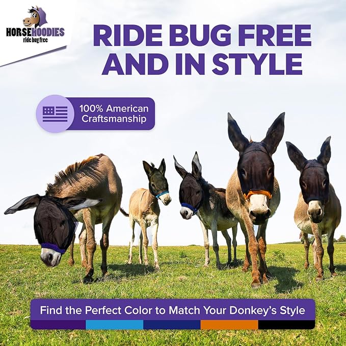 Donkey Fly Mask with Long Ears (Purple) Made in USA - Mule Fly Mask with Ears Protection from Insects and Bugs, Mini Donkey Soft Mesh Fabric with Adjustable Fastener, Face Cover Supplies for Donkeys