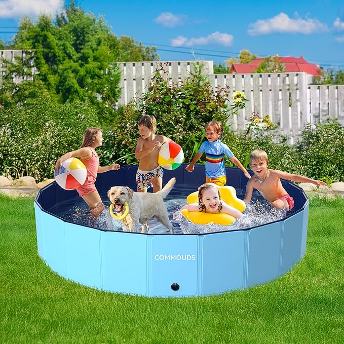 COMMOUDS 87Inch Large Foldable Dog Pool, Collapsible Hard Plastic Dog Kiddie Swimming Pool, Portable Pet Bath Tub Wading Pools for Kids and Puppy Small Medium Large Dogs