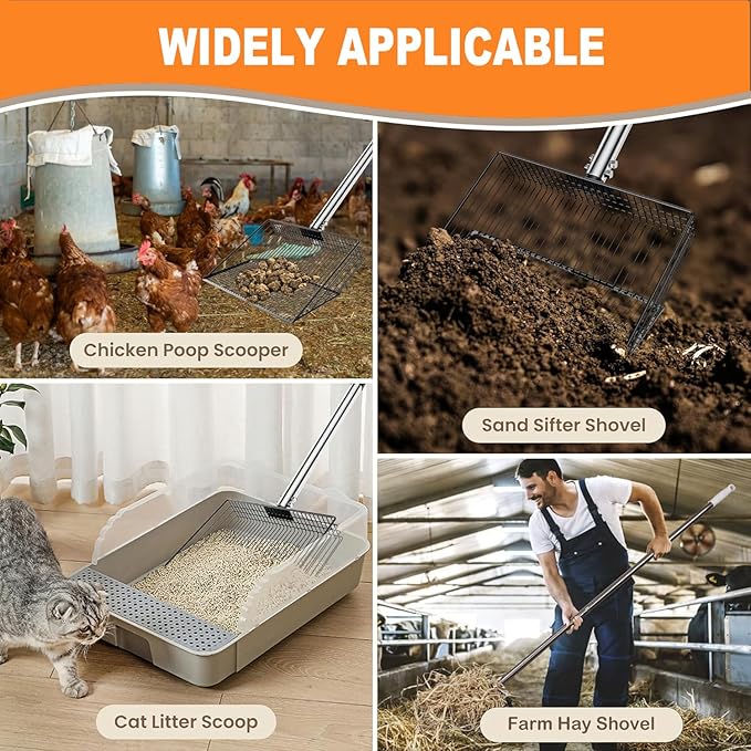 Chicken Poop Scooper, SUVEUS 10 inch Stainless Steel Coop Scoop, Adjustable 32"-67" Long, 5 in 1 Chicken Coops Shavings Shovel, Heavy Duty Sand Sifter Shovel