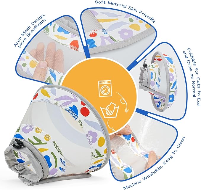 Breathable Air Mesh Cat Cone Collar Soft to Stop Licking, Adjustable, Foldable Lightweight Kitten Cones After Surgery Recovery for Cats & Kittens (Flower,M)