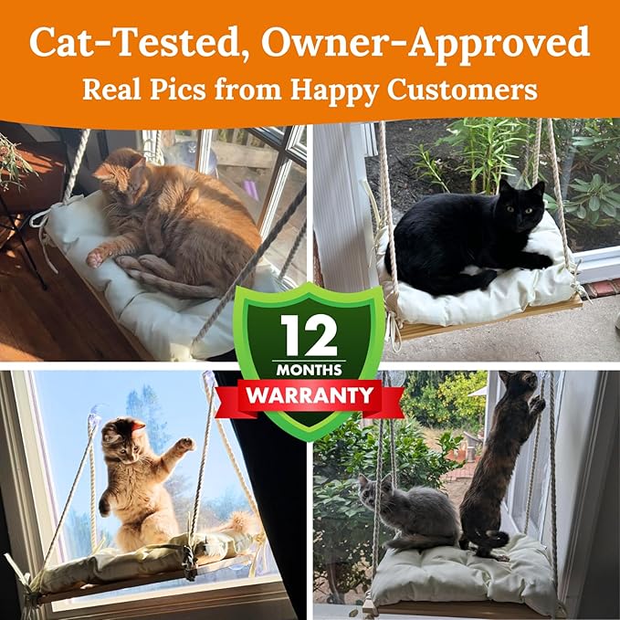 Cat Window Perch - Hammock Bed for Cats Inside - Solid Wood Seat, 4 Strong Suction Cups, Soft Cushion - Rustic Indoor Pet Shelf
