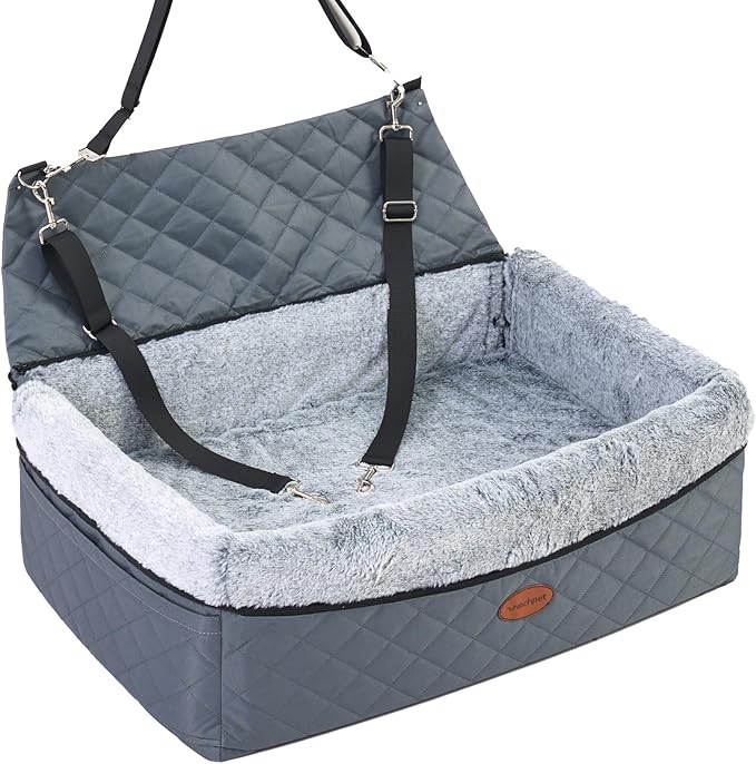 Dog Car Seat for Large/Medium Pet, Anti Slip Bottom Dogs Booster Seat for All Seasons,Pet Travel Bed with Thick Dog Sofa Cushion, Storage Pockets 2 Safety Leashes