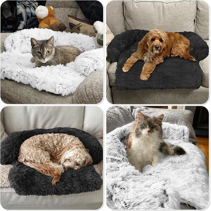 Calming Dog Bed Fluffy Plush Dog Mat for Furniture Protector with Removable Washable Cover for Large Medium Small Dogs and Cats (XS (31"x23.5"x5"), Light Grey)