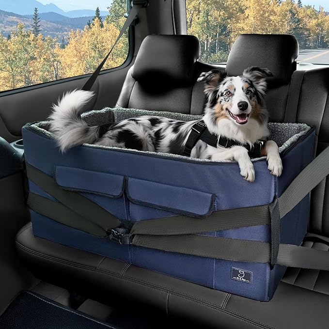 A 4 Pet Dog Car Seat for Medium/Large Dog or 2 Small Dogs, Booster Car Seat with Storage Bags and 2 Seat Belts, Pet Seat for Dogs Under 55 lbs