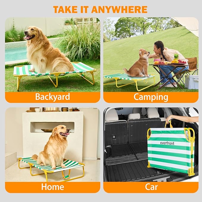Dog Elevated Bed Foldable Portable Raised Bed Camping cot Outdoor Summer Dog Bed (Medium, GreenStripes-Oxford Fabric)