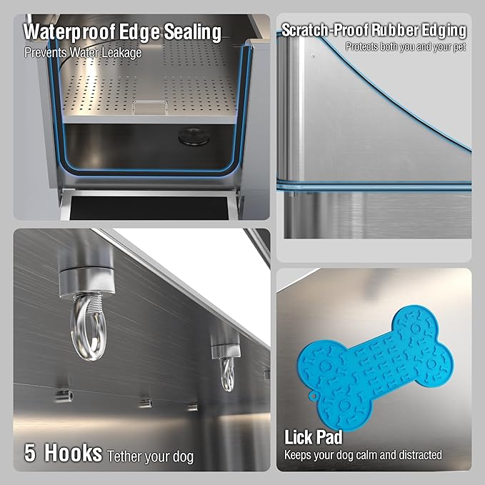 50'' Dog Washing Station - 304 Stainless Steel, LED Dog Bathing Station with Ramp, 2 Drawer, Floor Grate & Lick Pad for Large, Medium & Small Dogs