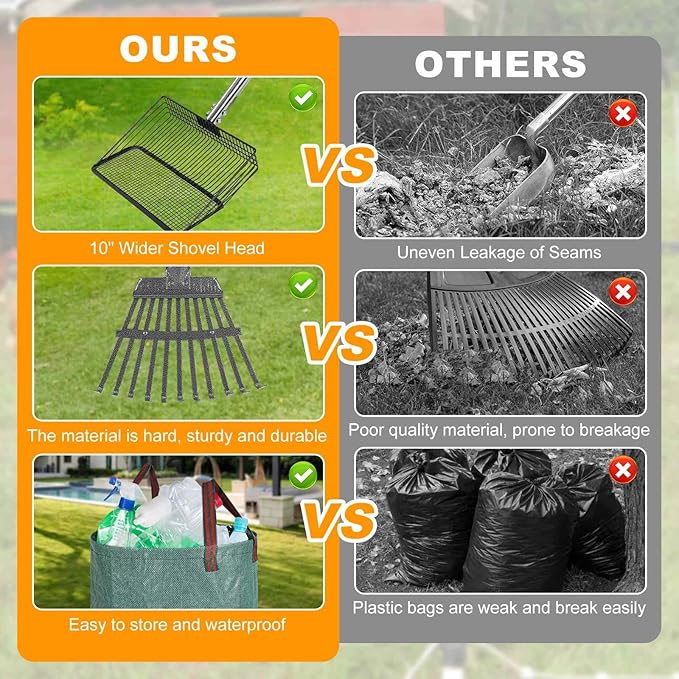 Chicken Poop Scooper Set - Adjustable Coop Scoop with Ergonomic Grip, Rake, Reusable Waste Bag & Gloves - Durable Sand Sifting Litter Shovel for Chicken Coops, Farms, Pet Waste