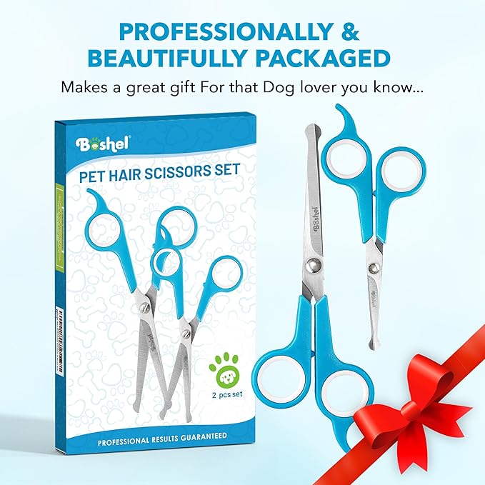 BOSHEL Dog Grooming Scissors for Dogs at Home (2 Pc) - Razor Sharp Stainless Steel Dog Scissors for Grooming - Professional Pet Scissor Set for Dogs & Cats - Best Pet Shears with Rounded Safety Tips