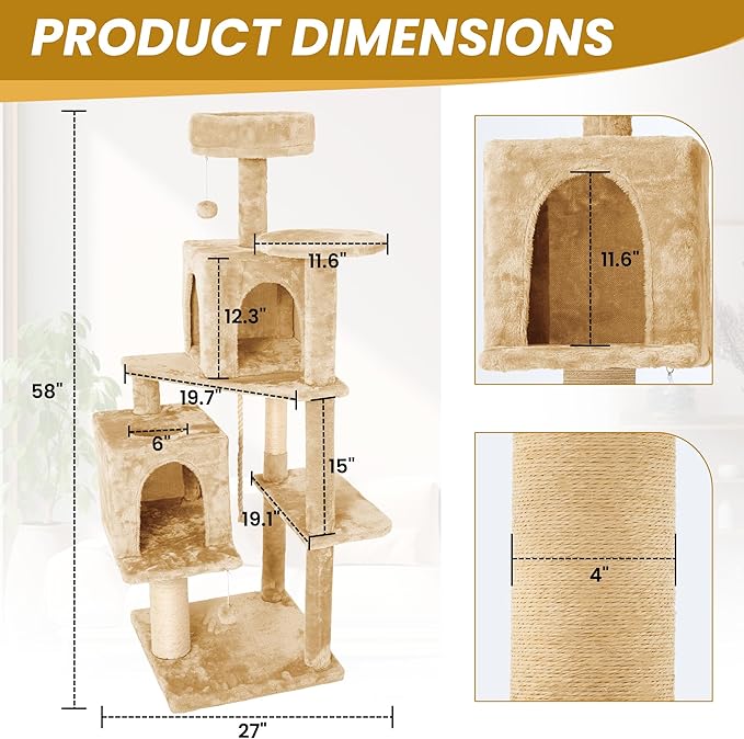 59in Large Cat Tree Tower for Indoor Cats with Soft Plush Hang Ball, Two Condos, Sisal Scratch Posts & Rope Play for Kittens/Adult Cats, New Beige