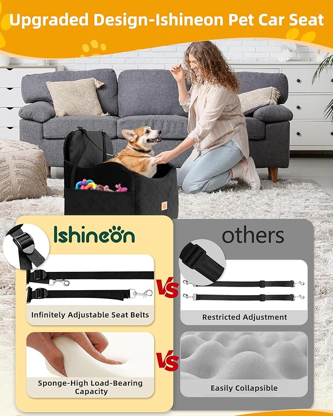 Car Seat Booster for Dog: High-Support Memory Foam Pet Car Seat for Small/Medium Dogs Under 35lbs with Elevated Cushion - Detachable Washable Puppy Travel Bed for Driving with Pockets (Black)