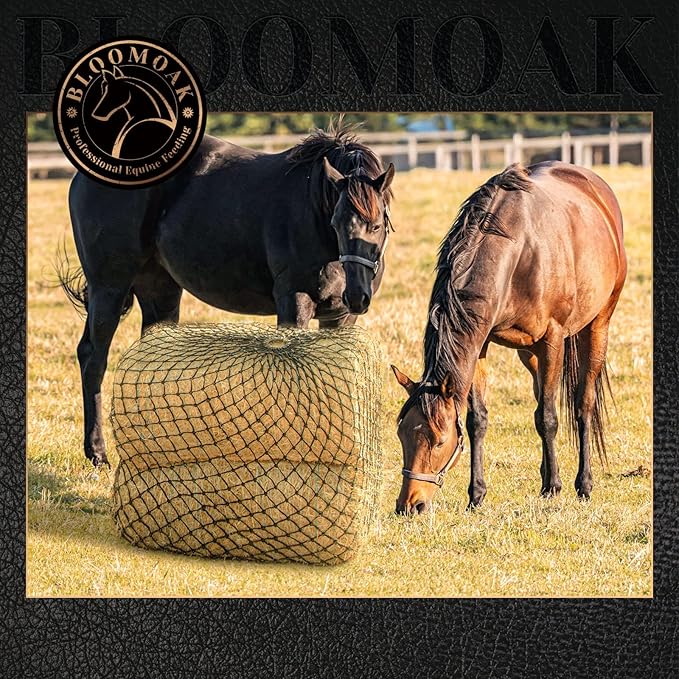 Bloomoak Slow Hay Net Feeder for Horses, Durable Soft Black PE 2/3 String Hay Bales Bags, Fit 36x18x18 to 47x25x17 Inches, Extends 50-64 Inches (2 1.6" Hole/1PC)