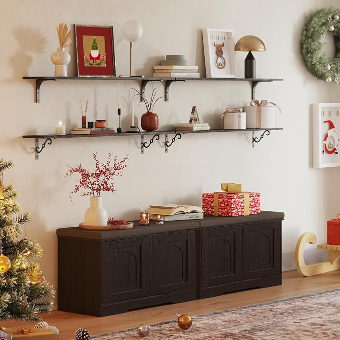 DINZI LVJ Shoe Bench, Entryway Storage Bench with Doors, Cushion, 2-Tier Shoe Rack with 6-Cubby, 31.5”L x 13.8”W Shoe Organizer Cabinet, Adjustable Shelf, Living Room, Bedroom, Espresso