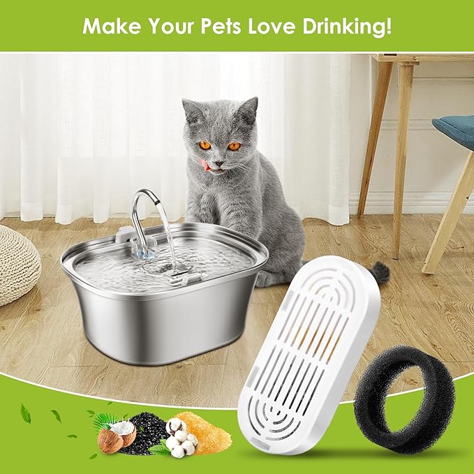 6 Pack Replacement Cat Fountain Filters & Replacement Sponges for Stainless Steel Pet Fountain with Water Level Window, Fountain Carbon Filters for Dog Water Dispenser Bowl