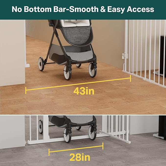 Cumbor 29.2-43" No Bottom Bar Baby Gate for Stairs, 2-in-1 Hardware Mounted Dog Gate Indoor, Auto Close Pet Gate for Doorways with Large Walk Thru Door, Wide Child-Proof Safety Gates for Kids (White)