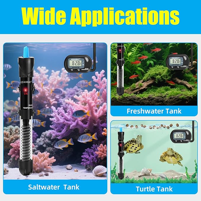 AQUANEAT Aquarium Heater, 200W Fish Tank Heater, Adjustable Submersible Water Thermostat with Digital Thermometer