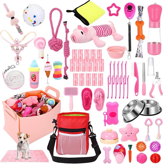65 Pcs Puppy Supplies Starter Kit Small Dog Essentials Includes Dog Leash, Toys, Bowl, Brushes, Water Bottles, pet Blankets Puppy Accessories for New Welcome Gift Supplies(Cute,Pink)